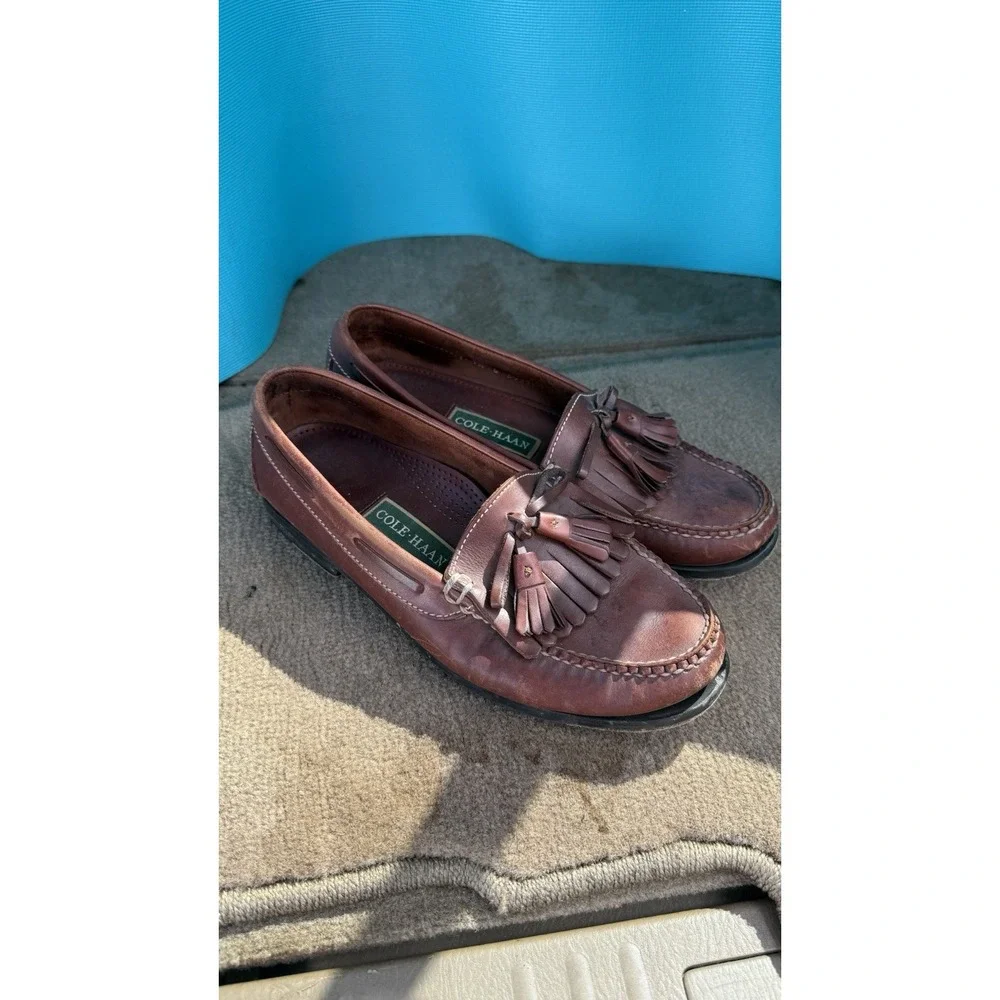 Cole Haan Men 9.5 Brown Leather Kiltie Tassel Loafers Boat Driving Shoes Moc Toe